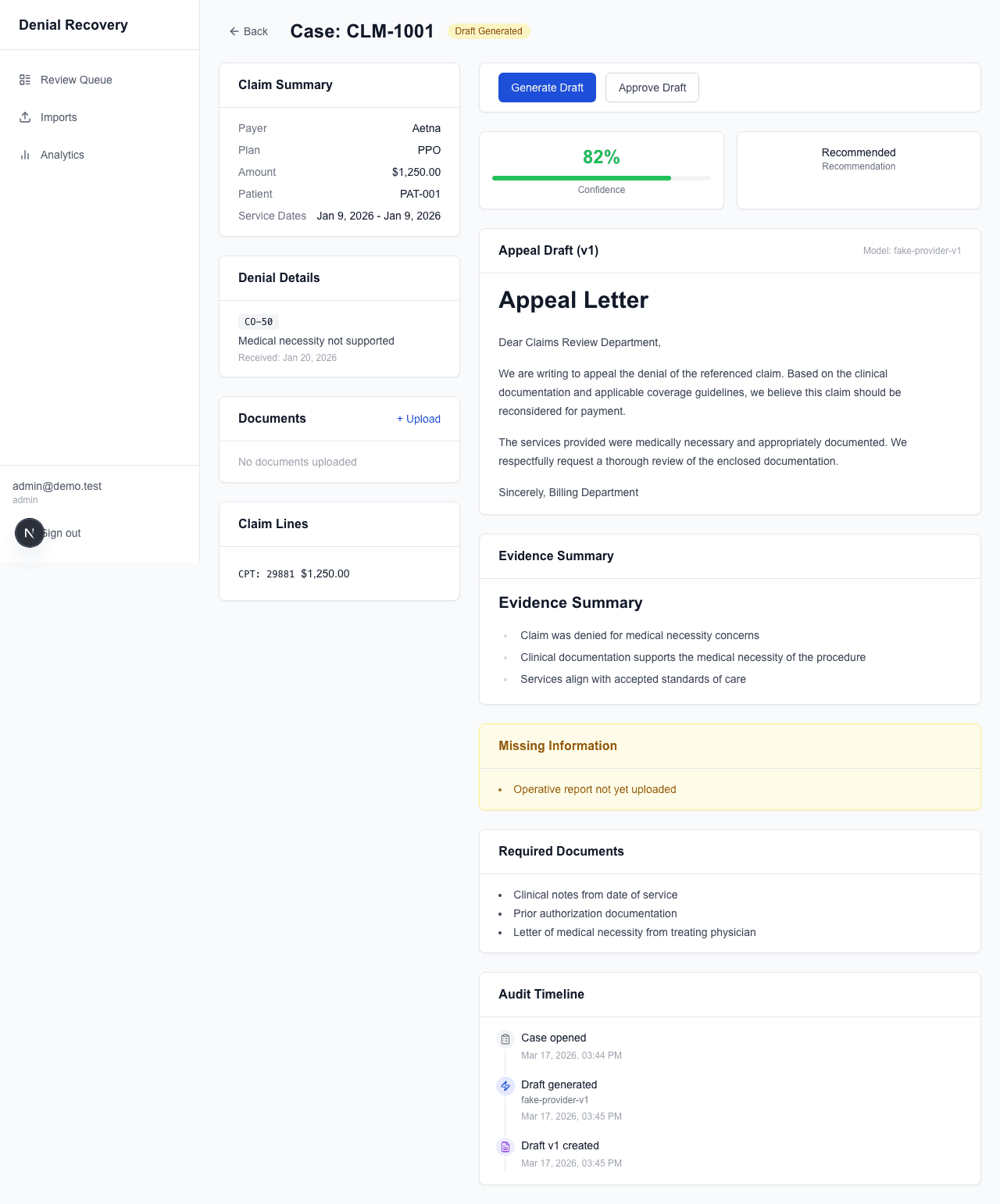 Adjudicus showing an AI-generated appeal draft with confidence score, evidence summary, and missing information flags